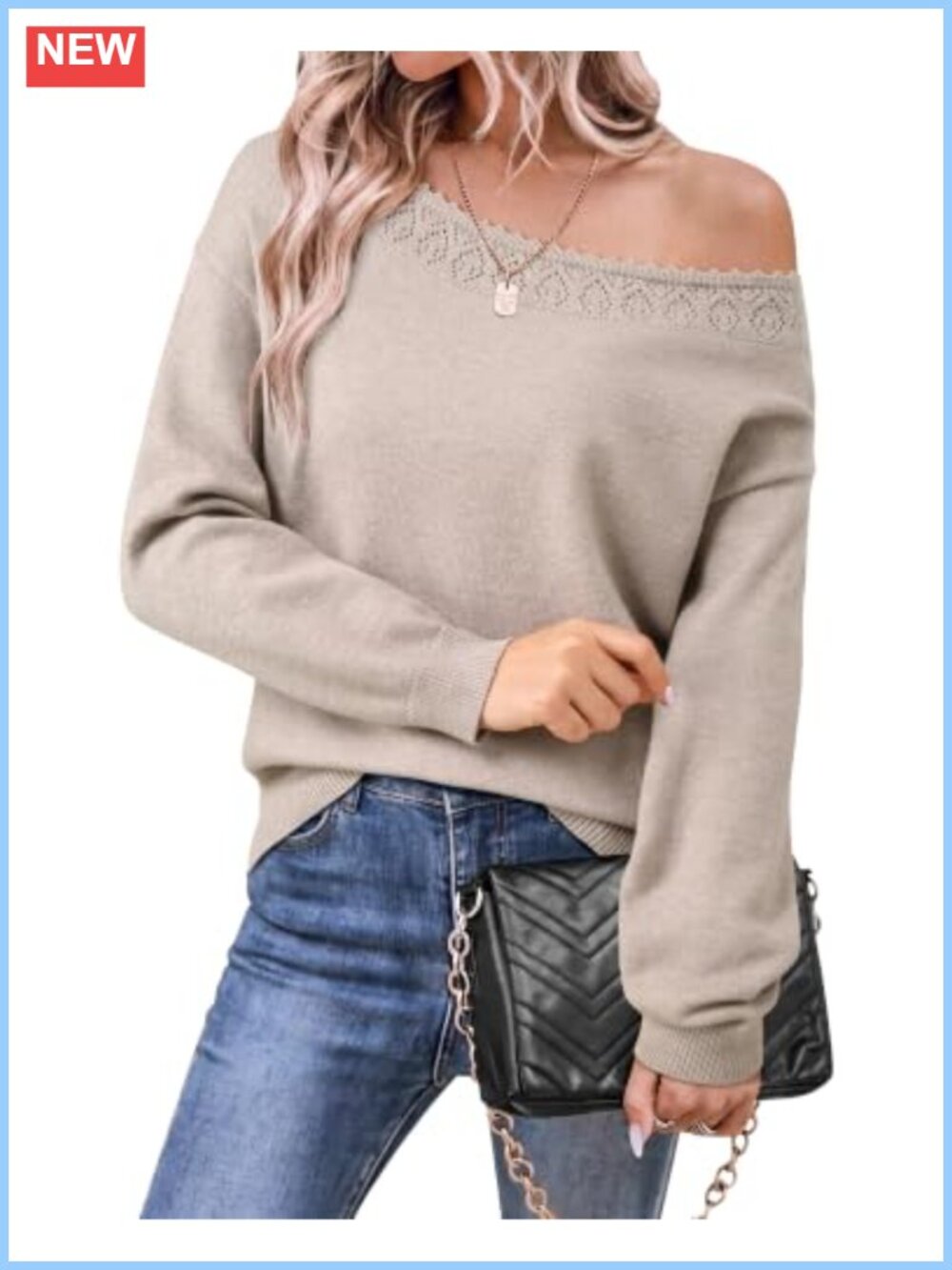 Off the Shoulder Boat Neck Pullover Sweater Pointelle Knit